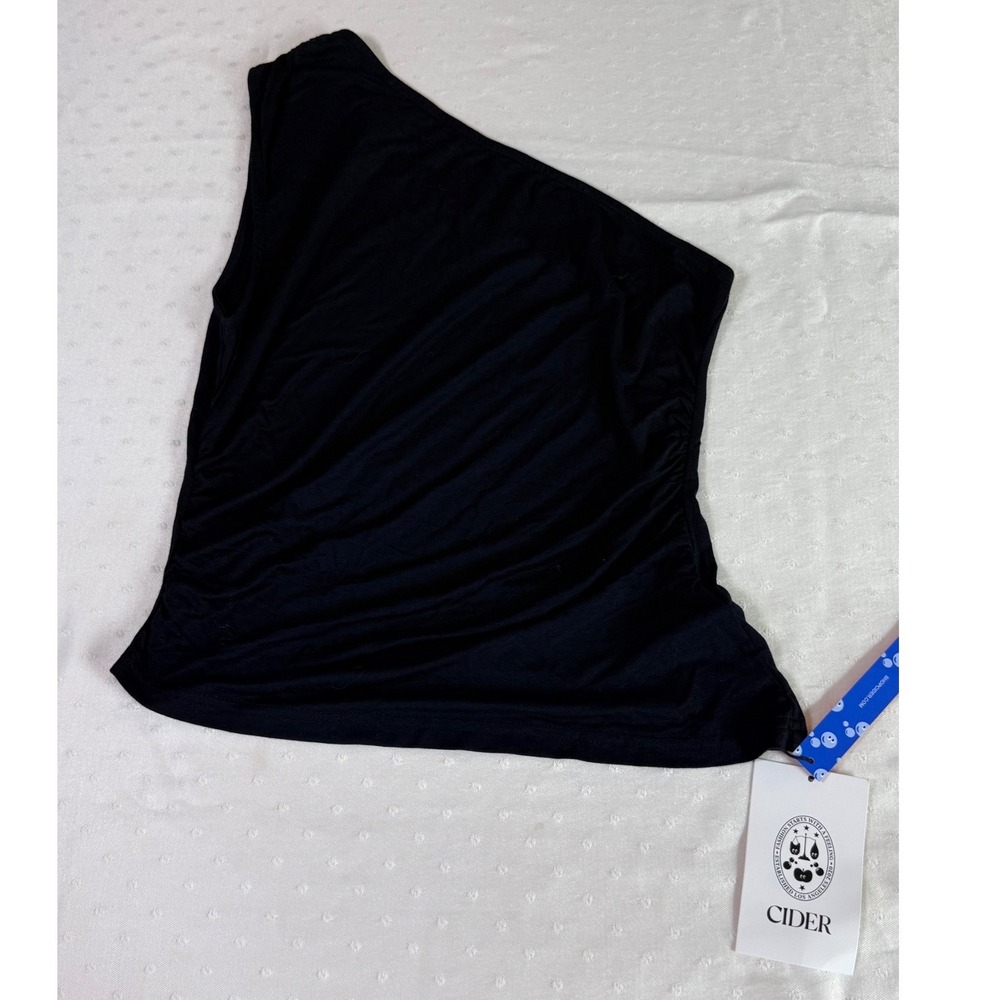 Cider Womens One Shoulder Ruched Side Top Black Asymmetrical Size S NWT